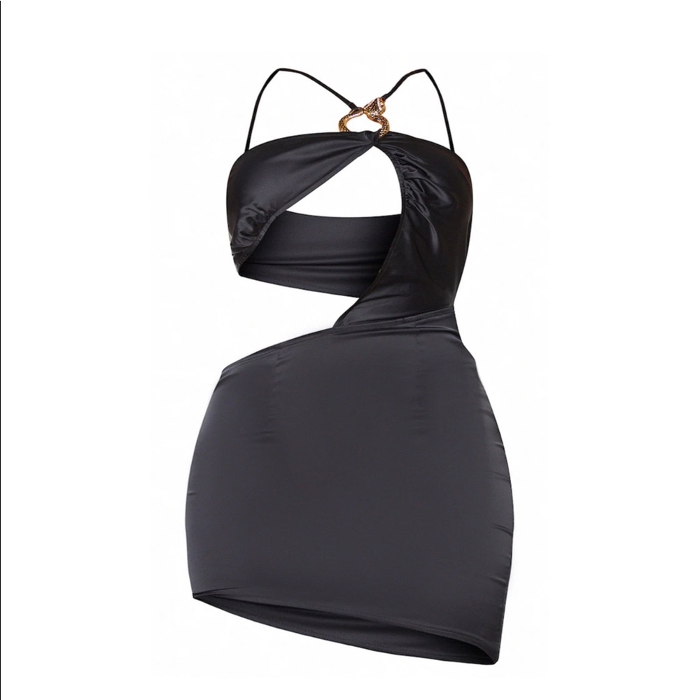 Shape Black Satin Snake Trim One Shoulder Bodycon Dress